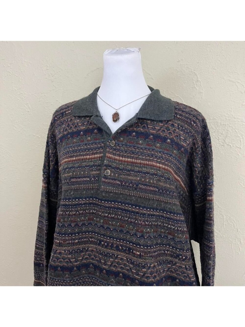 80s colorful striped quirky boho indie grandpa wool polo sweater - Picture 3 of 8